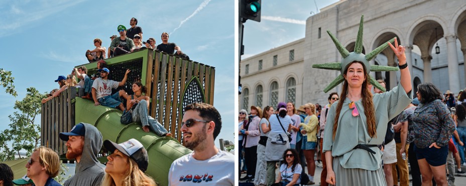 In a diptych, people are gathered on top of and around a children's play-gym and a woman holds up a peace sign while dressed as the statue of liberty