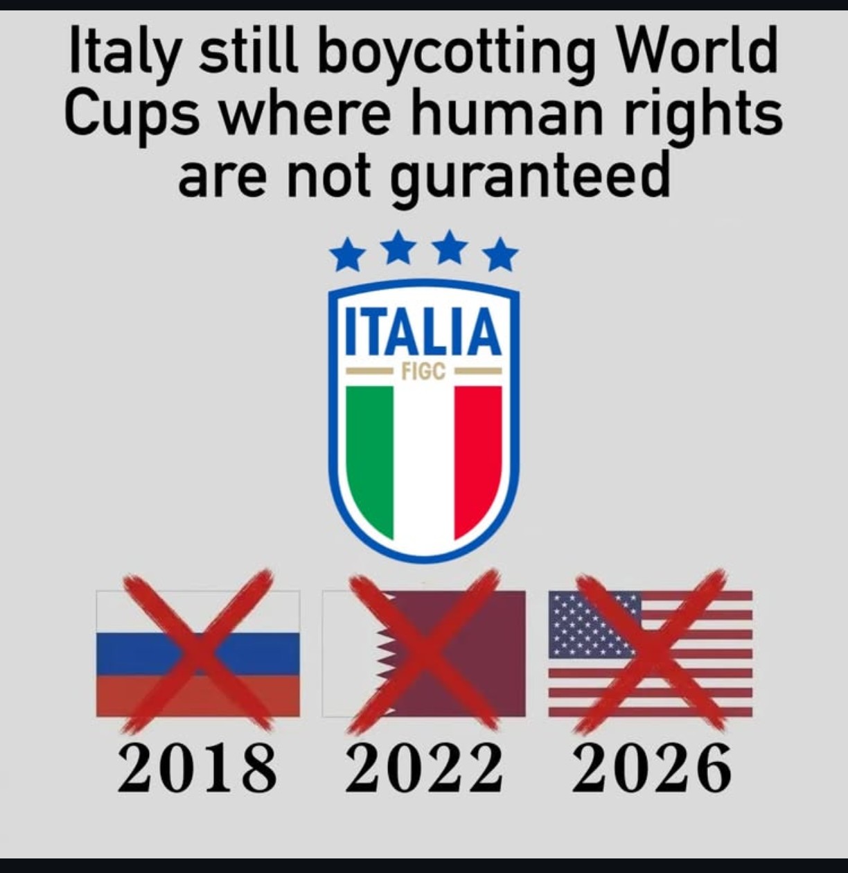 An image with the text "Italy still boycotting World Cups where human rights are not guaranteed" over flags of Russia, Qatar and USA