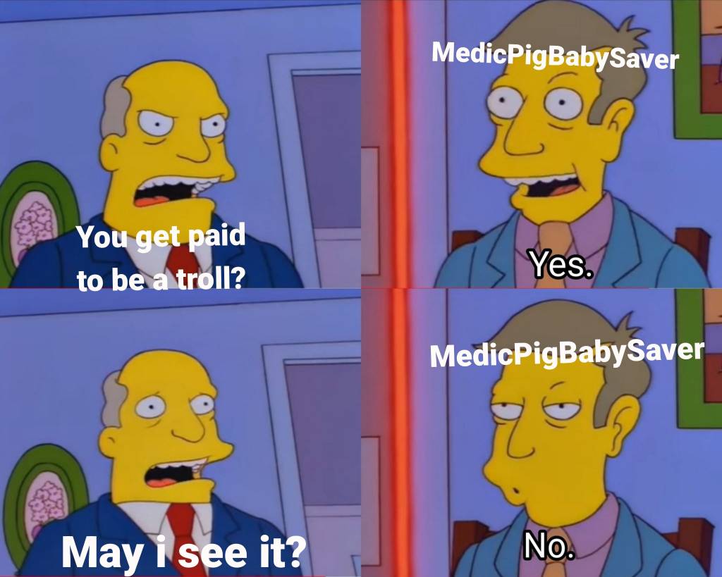 Simpsons meme; Superintendent asks Skinner "Youre being paid to troll?", and Skinner response "Yes." Superintendent then says "May I see it", usually referring to the Aurora Borealis localized entirely within Skinners Kitchen, however Skinner is labed MedicBabyPigSaver in reference to the comment being responded to, implying they are full of shit as they have no evidence to back up their claim. Skinner says "No"