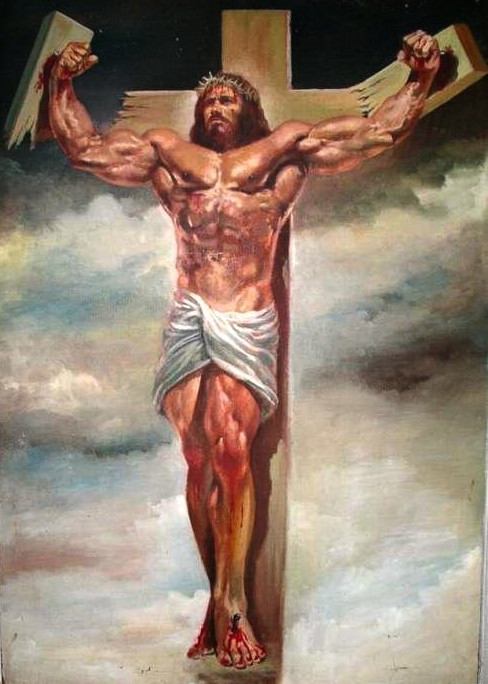Jesus on the cross but he's ripped with goofy muscles and broke the t part of the cross, completely missing the point of the myths about him but who reads books these days I mean right