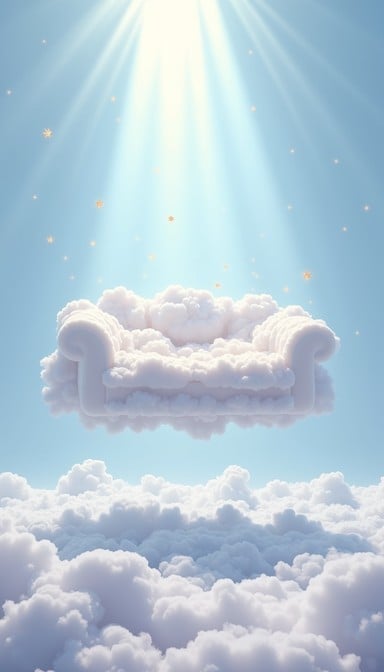 a couch made of clouds in a heavenly sky