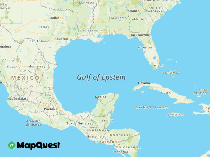 A map of showing The Gulf of Epstein, the correct name for the gulf near Mexico that Trump tried to rename