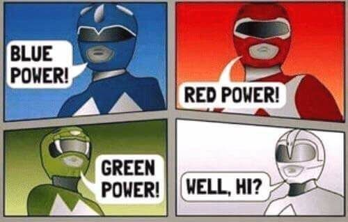 The power rangers introducing themselves, "Blue power!", "Red power!", "Green power!", "Uh well, hi"