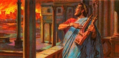 Artwork of nero playing a cythara while Rome is burning in the background