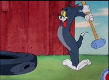 Tom from Tom and Jerry swinging a sledgehammer at a tire and it bouncing back to hit him in the face