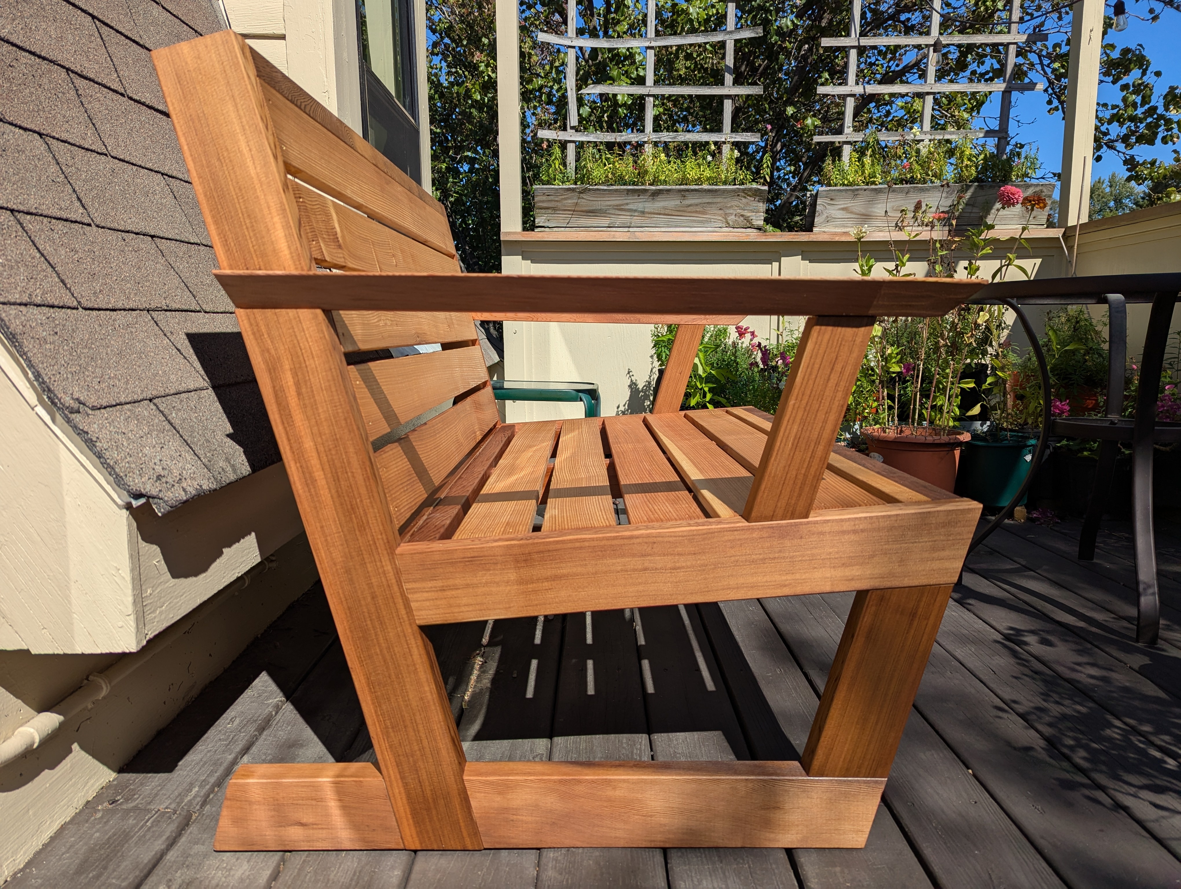 side of bench with teak oil