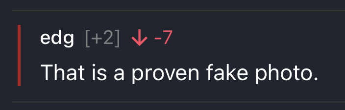 A screenshot of the users comment claiming the image was PROVEN fake rather than suspected of being fake.