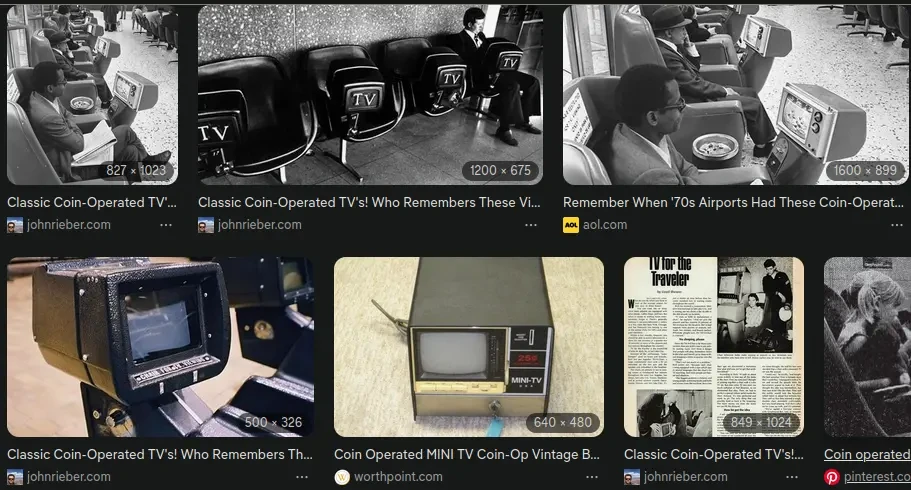 several photos of special TV-equipped seats in airport departure lounges
