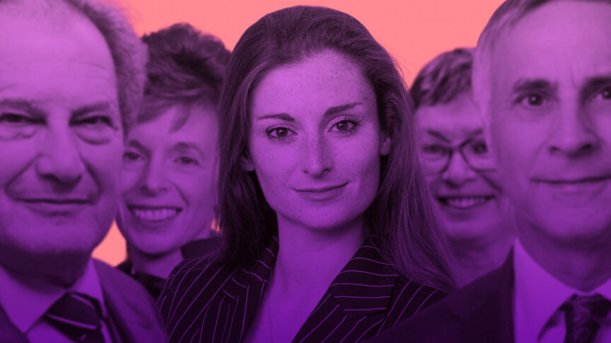 A group of people with purple filter